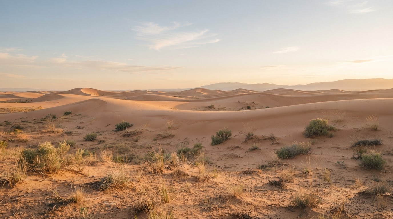 Ruhige, sandige Dünenlandschaft in warmem Licht
